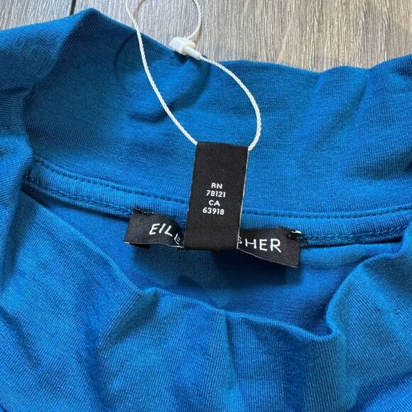 NWOT Eileen Fisher Mock Neck Tie Waist Sleeveless Knee Length Dress Marine Blue - Picture 6 of 12